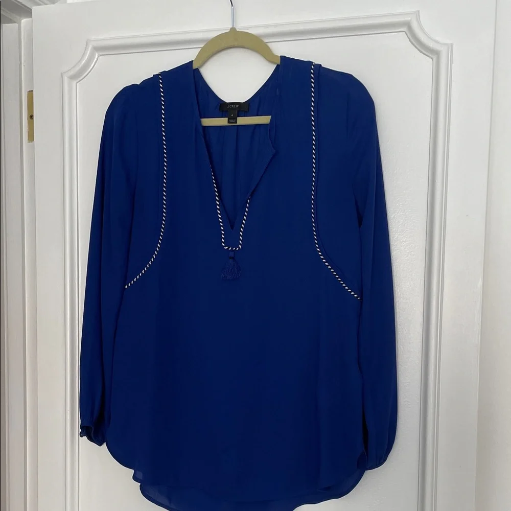 J.Crew Deep Blue Long-Sleeve V-Neck Tassel Blouse